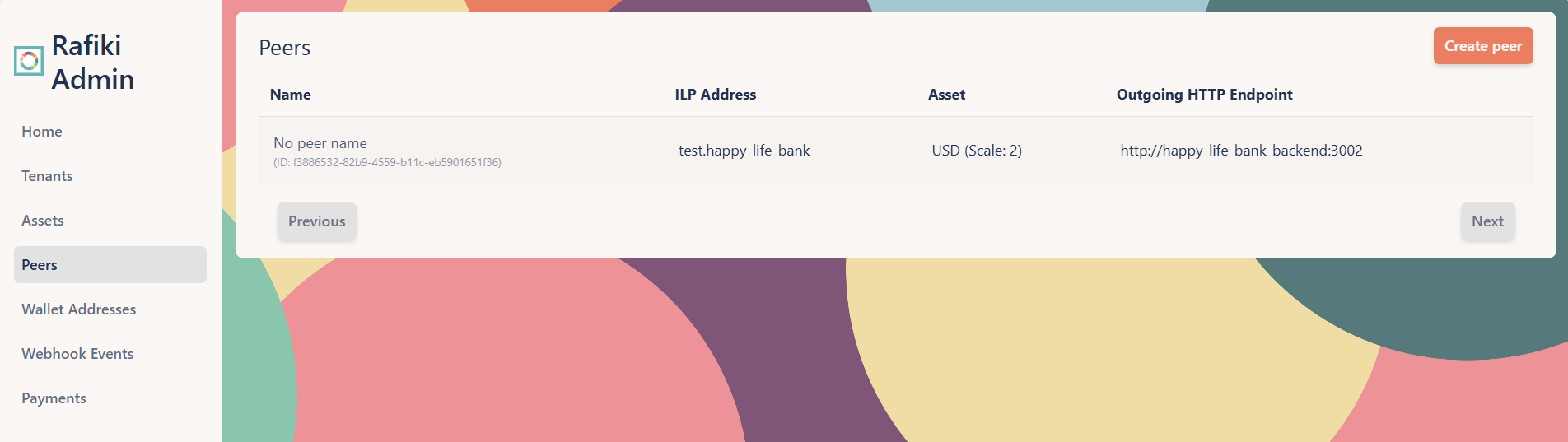 A screenshot of the Rafiki Admin application user interface displaying the "Peers" section. It shows a table containing a peer with details including ILP address, asset, and outgoing HTTP endpoint. A "Create peer" button is in the top right.